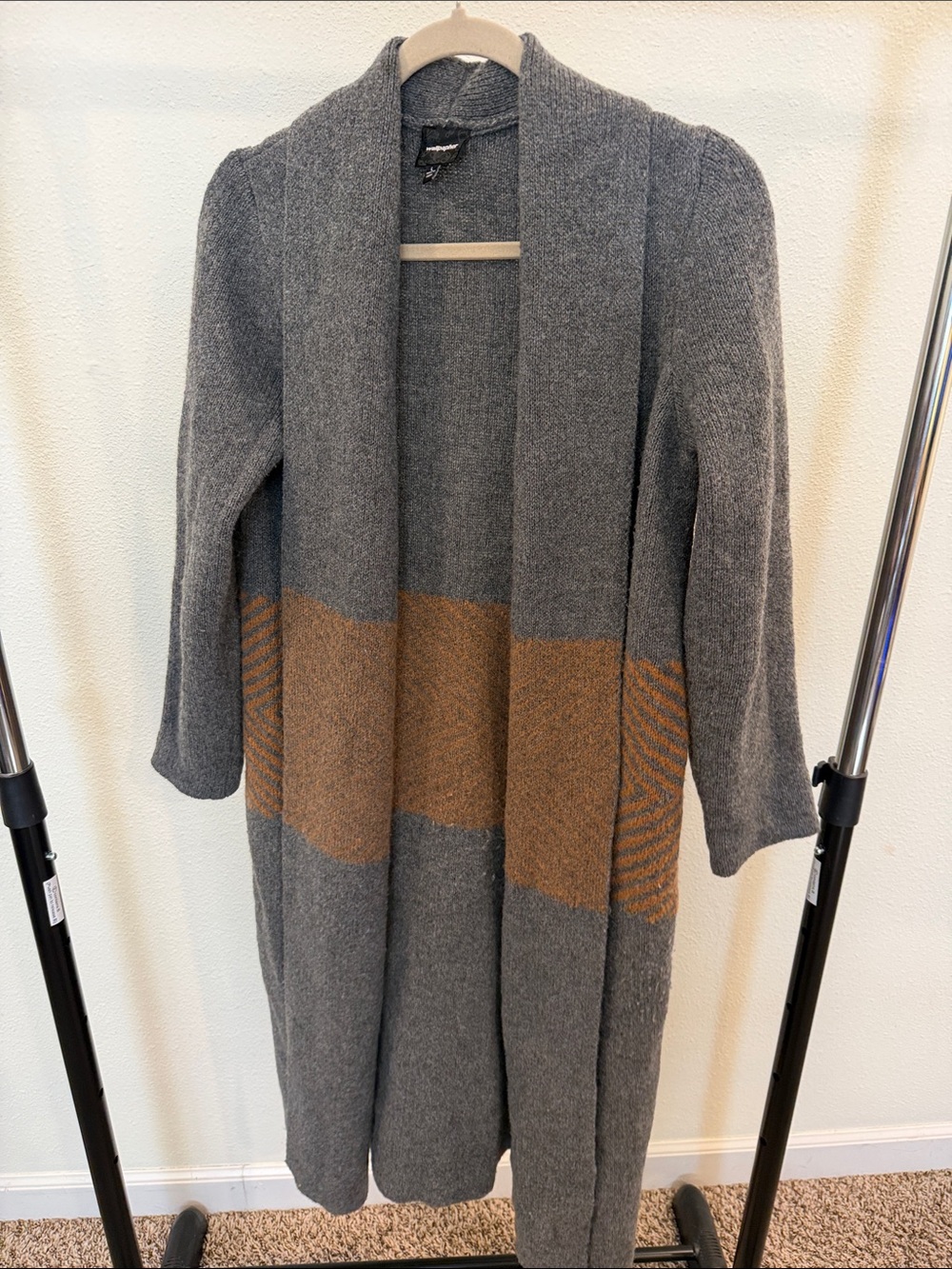 Wallpapher Gray Open-Front Long Cardigan with Brown Panel